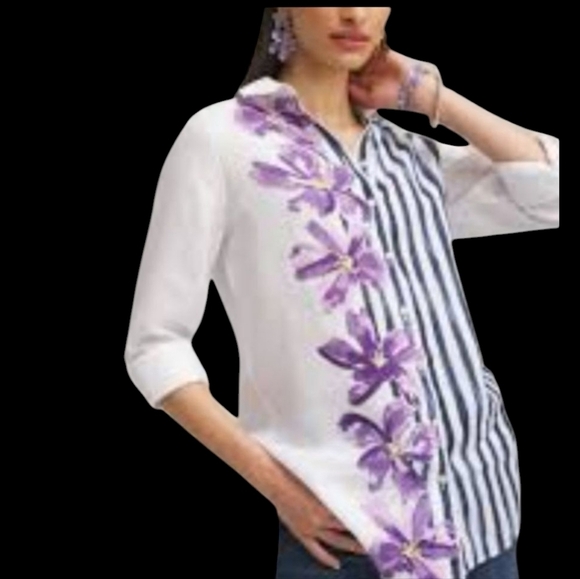 White /Purple 100% Linen Stripes And Floral Print Button Down Tunic Shirt Sz 16 - Picture 1 of 10